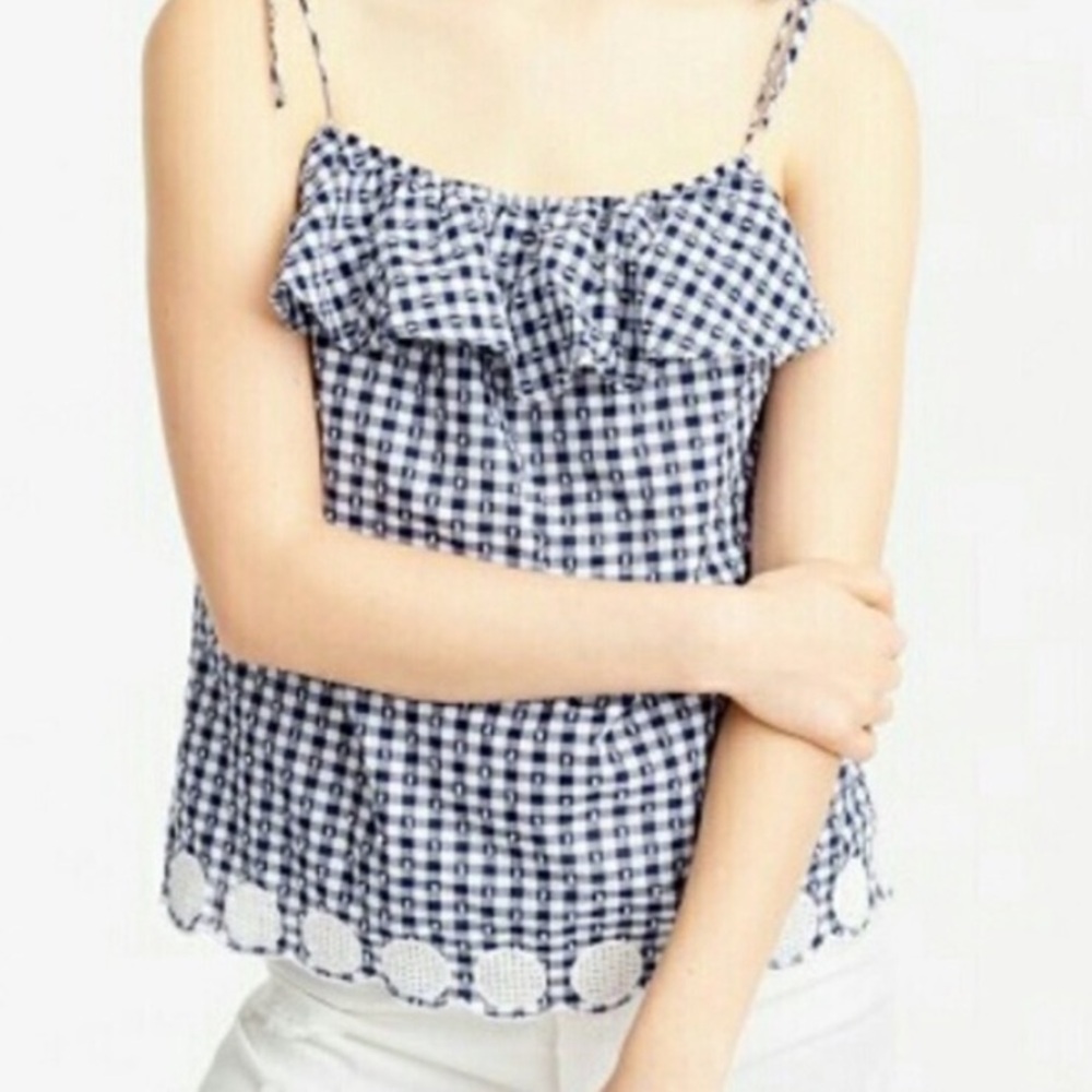 J. Crew cotton gingham spaghetti tie straps blouse w/ embroidered hem NWOT Sz 2